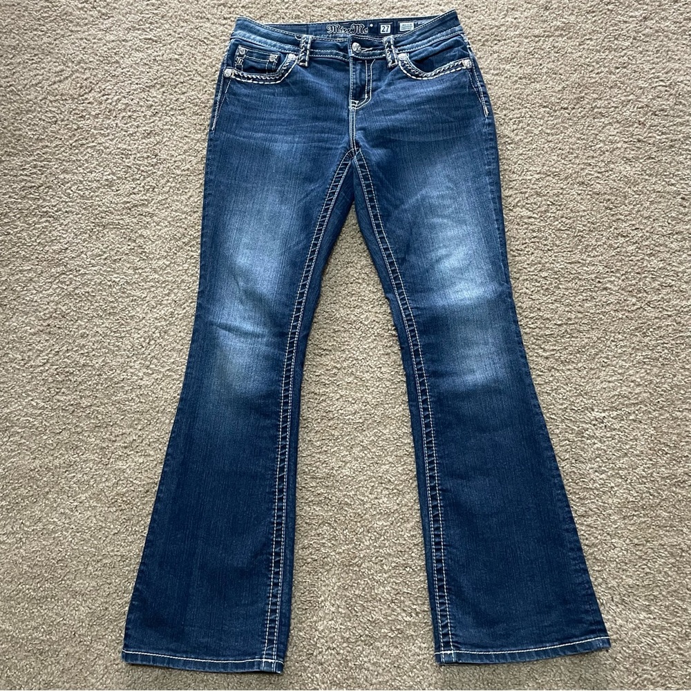 Miss Me Women’s Mid-Rise Curvy Boot Embroidered Rhinestone Stretch Blue Jeans 27